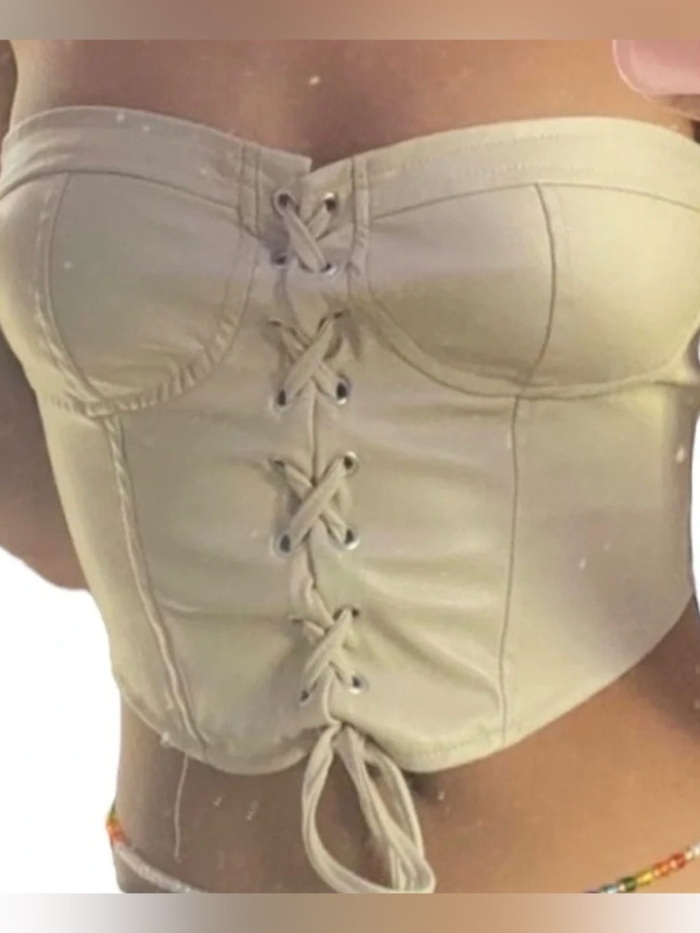 Zara Lace Up Front Faux Leather Corrset Top SZ.M Beige
